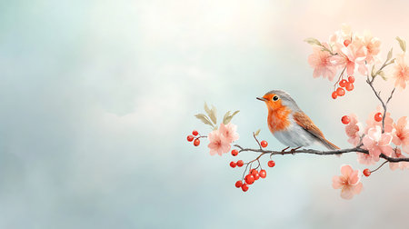 Cherry blossom and robin bird. Spring nature background.