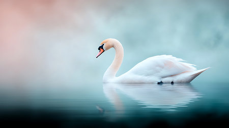 Beautiful white swan floating on the water with copy space.の写真素材
