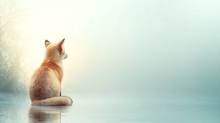 Red fox sitting on the edge of the water in the fog.の写真素材