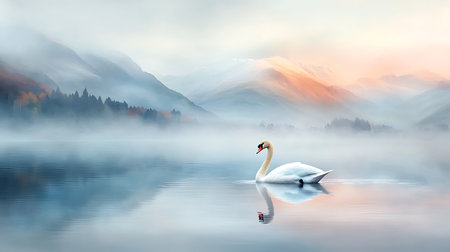 Beautiful swan swimming on a lake in the misty morningの写真素材