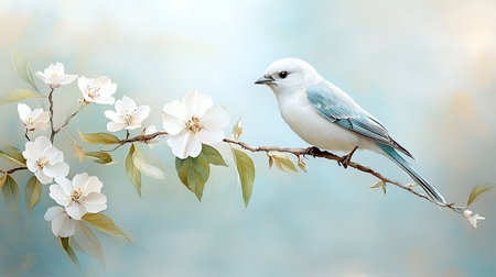 White bird on a branch of blossoming tree. Spring background.の写真素材