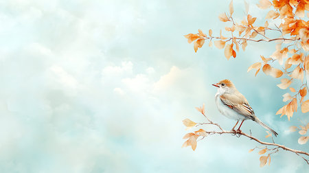 Bird sitting on branch of tree with autumn leaves and cloudy sky backgroundの写真素材