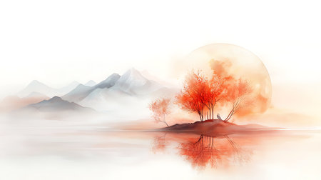 Mountain landscape with red trees in the mist. Digital art paintingの写真素材