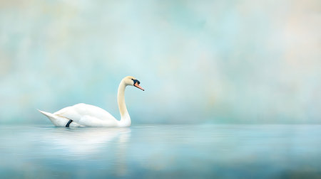 Beautiful white swan floating on the water with bokeh backgroundの写真素材