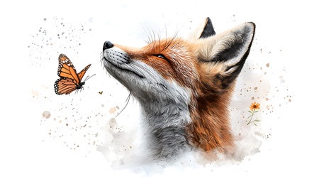 Watercolor painting of a red fox with a butterfly in its mouthの写真素材