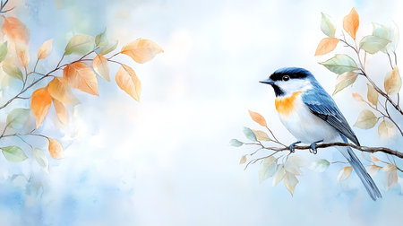 Watercolor illustration of a bird on a branch with autumn leaves.の写真素材
