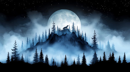 Silhouette of a wolf on a mountain with a full moonの写真素材