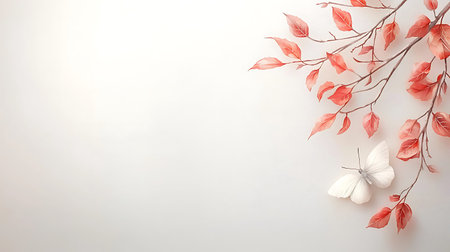 Autumn leaves and white butterfly on white background with copy space.の写真素材