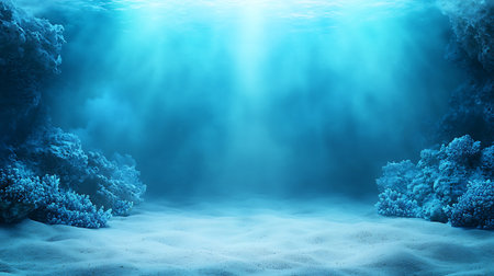 3D render of underwater landscape with corals and rays of lightの写真素材