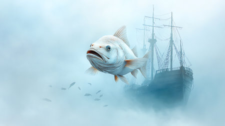 Pirate ship with a fish in the sea. 3d illustrationの写真素材