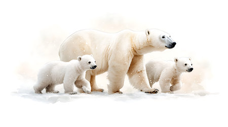 Polar bear with cubs on snow. Watercolor illustration.の写真素材