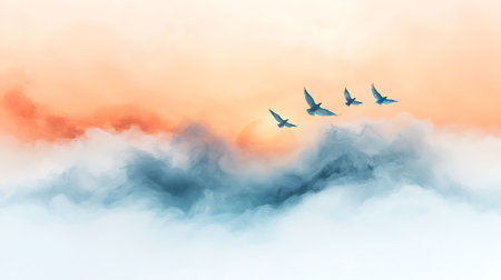 Seagulls flying in the sky at sunset.の写真素材