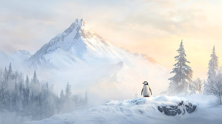 Penguin standing on rock in snowy mountains. Panoramic viewの写真素材