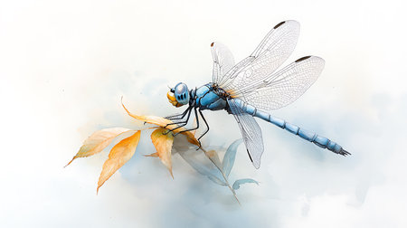 Blue dragonfly with yellow leaves on a white background. Watercolor illustrationの写真素材