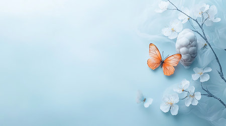 Creative layout made of flowers and butterfly on blue background. Flat lay, top view, copy spaceの写真素材