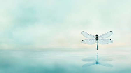 Dragonfly on blue water background with reflection. 3d illustration.の写真素材