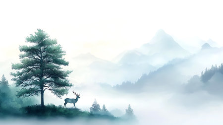 Silhouette of deer in the misty forest. Vector illustration.の写真素材