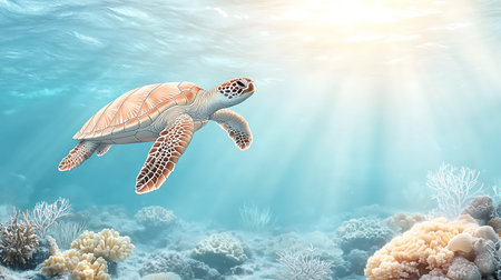Green sea turtle in the ocean. 3d illustration. Underwater.