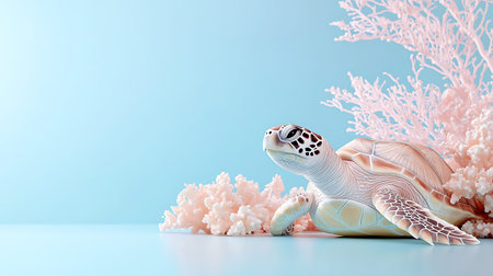 Sea turtle and coral on blue background. 3d render. Copy space