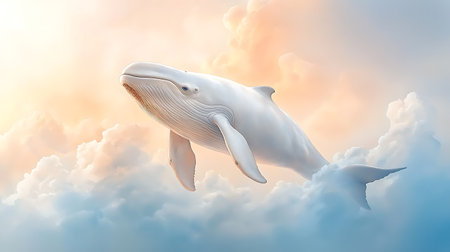 3d rendering of a white whale floating in the blue sky with cloudsの写真素材