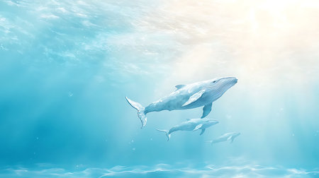 Whales swimming in the sea. Underwater world. 3d renderingの写真素材