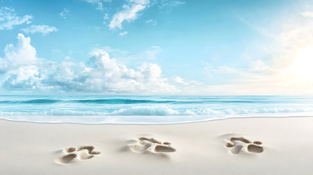Footprints in the sand on a tropical beach with blue sky backgroundの写真素材