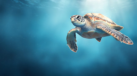 Green sea turtle swimming in deep blue ocean. 3d illustration.の写真素材