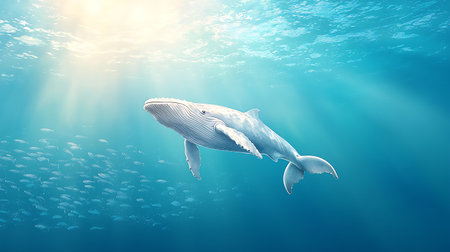 Whale swimming in blue ocean. Underwater scene. 3d renderingの写真素材