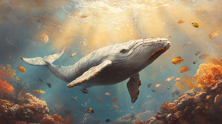 Whale in the sea. 3D render. Underwater world.の写真素材