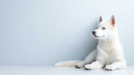 Portrait of cute siberian husky dog on grey backgroundの写真素材