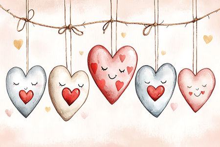 Cute watercolor hearts hanging on a rope. Vector illustration.の写真素材