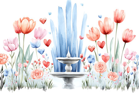 Romantic floral background with tulips, watercolor flowers and fountainの写真素材
