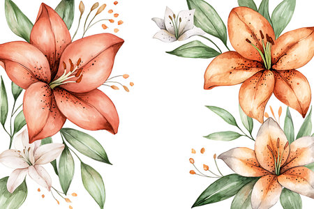 Beautiful vector hand drawn watercolor illustration with lily flowers.の写真素材
