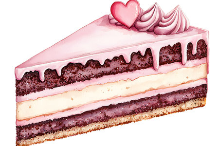 Illustration of a slice of cake with strawberry cream and a heart