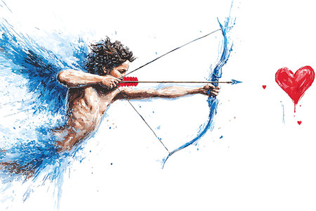 Cupid shoots a bow and shoots a arrow. Vector illustration.