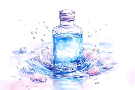 Watercolor illustration of a bottle with water splashes and bubbles.の写真素材