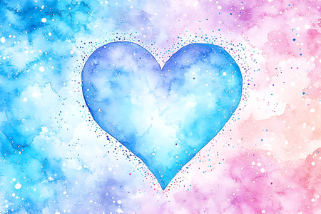 Valentine's day background with blue heart on watercolor textureの写真素材