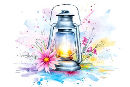 Lantern with flowers on watercolor background. Hand drawn illustrationの写真素材