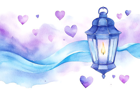 Watercolor hand drawn illustration of a lantern on a background of heartsの写真素材