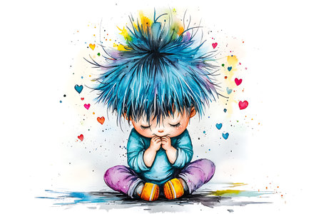 Cute little boy with blue hair sitting on the floor. Vector illustration.の写真素材