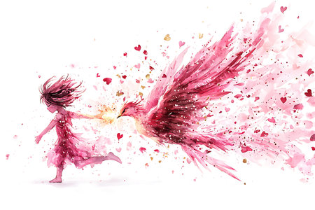 Valentine's day greeting card with flying couple. Watercolor illustrationの写真素材