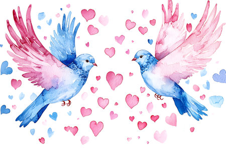 Two pigeons in love with hearts. Hand drawn watercolor illustrationの写真素材