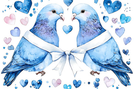 Watercolor blue birds with hearts. Valentine's day greeting card.の写真素材