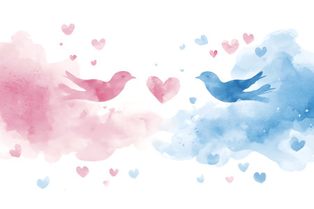 Valentines day background with watercolor hearts and pigeons.の写真素材