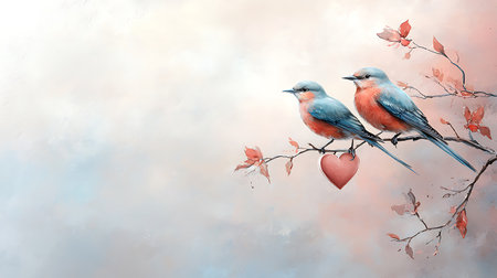 Two birds sitting on a branch of a tree with a red heartの写真素材