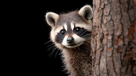Portrait of a raccoon on a tree isolated on black backgroundの写真素材