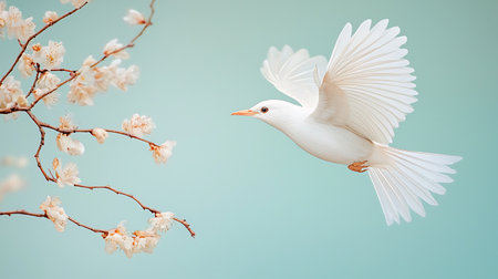 White bird flying in blue sky with sakura blossom background.の写真素材