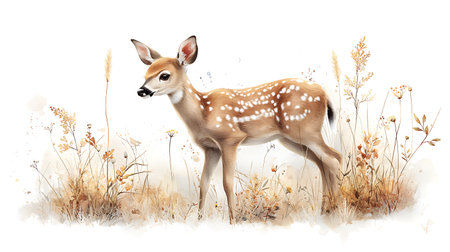 Young deer in the meadow. Watercolor illustration on white backgroundの写真素材