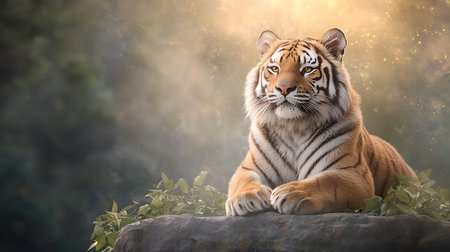 Siberian tiger lying on rock in the forest with sunlight.