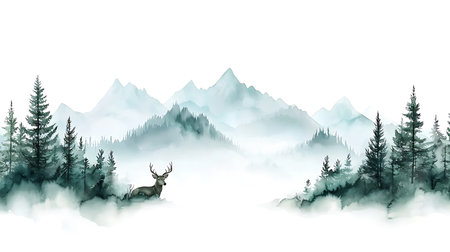 Mountain landscape with forest and deer. Hand drawn vector illustration.の写真素材